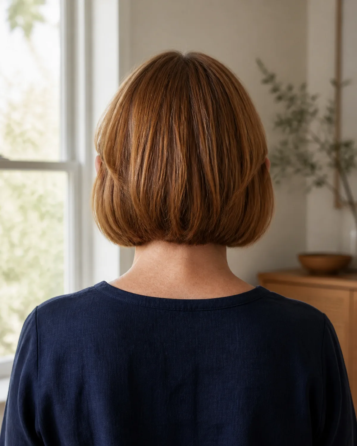 Back view of a mature woman with warm auburn chin-length bob, the clean hemline visible at chin level with curtain framing pieces wrapping around toward the face on both sides