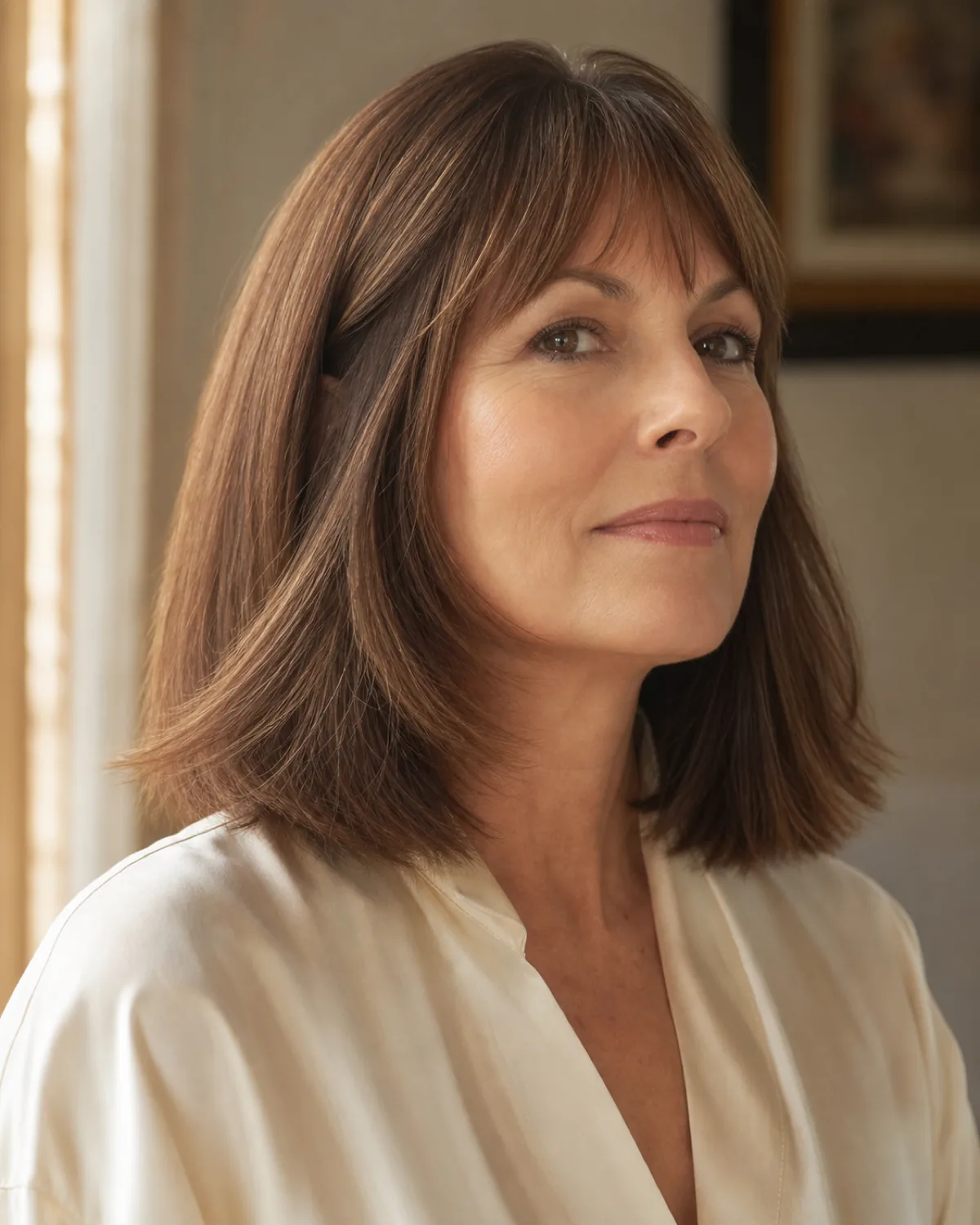 Three-quarter view of a mature woman with rich brown shoulder-length hair and bottleneck bangs that start narrow at the forehead and fan out progressively along the jawline
