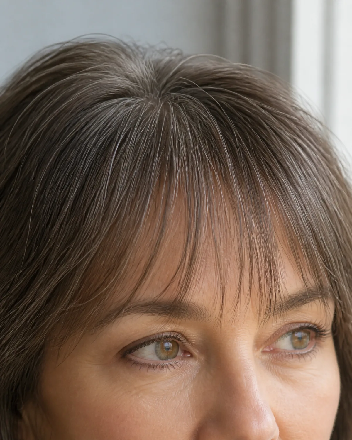Close-up of a mature woman's forehead showing feathered bangs with point-cut ends, individual strands breaking apart into soft separated pieces instead of a solid blunt line