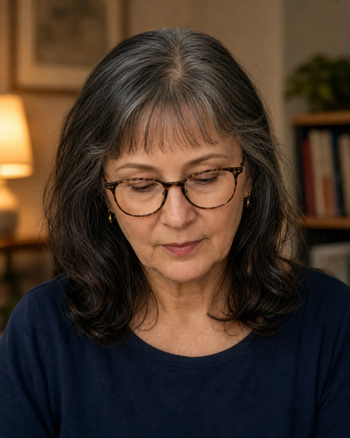 Front-facing view of a mature woman with grey-streaked dark hair wearing thin-framed tortoiseshell glasses, eyes downcast, showing the space between where the wispy curtain bangs end and the glasses frames begin