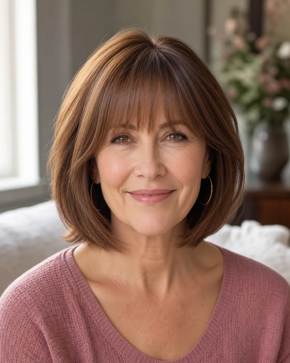 Front-facing view of a mature woman with warm chestnut chin-length hair and curtain bangs on a heart-shaped face, the fringe covering the wider forehead while the narrow tapering chin is fully visible