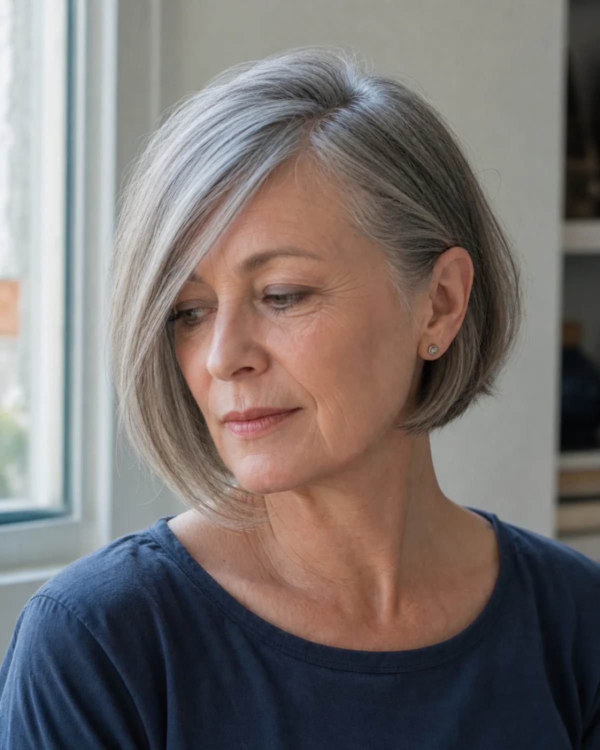 Three-quarter view of a mature woman with cool ash-grey chin-length hair, one curtain side longer and sweeping past the cheekbone while the shorter side tucks behind the ear