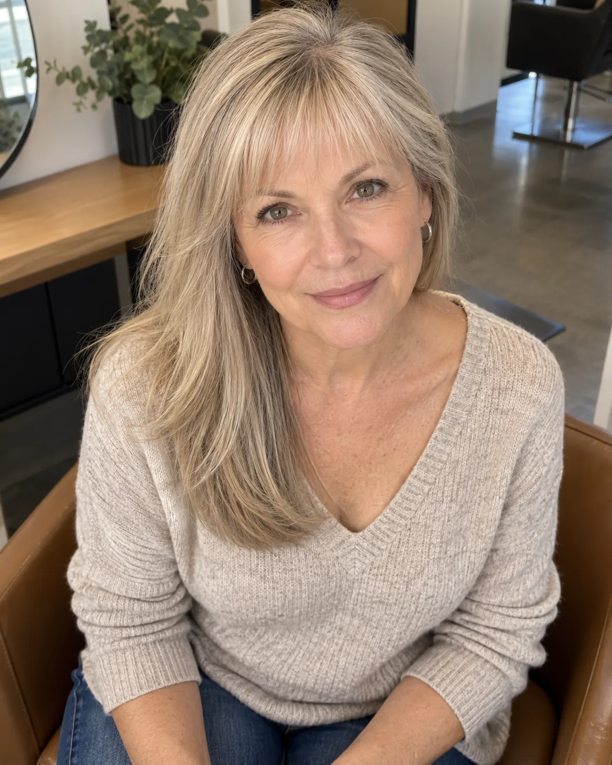 Seated mature woman with fine hair and arched bangs that follow the natural brow line, shorter at the centre and longer at the temples, shot from slightly above