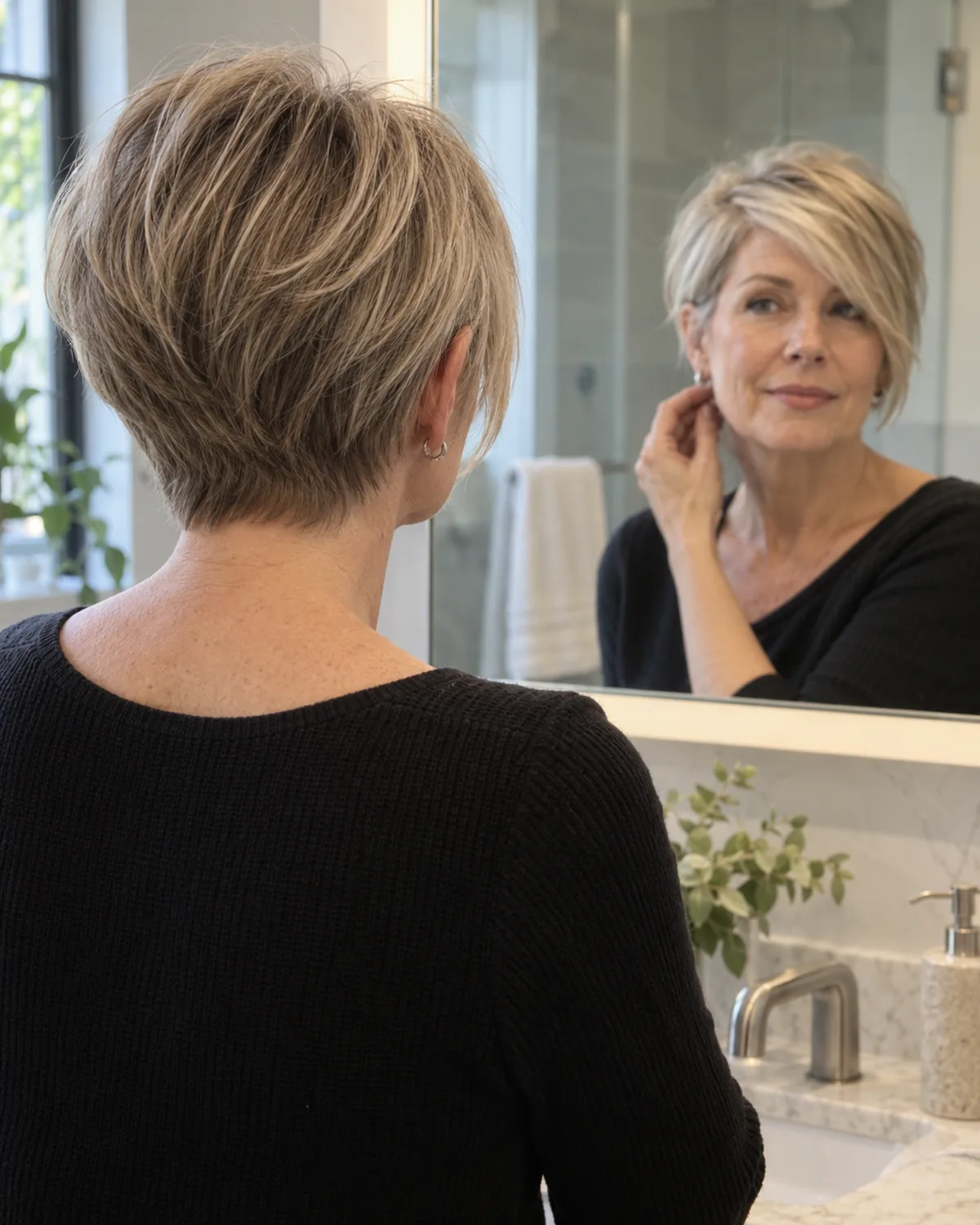 Mature woman standing before a bathroom mirror, back three-quarters to camera, reflection showing an asymmetric fringe longer on one side sweeping diagonally across the forehead