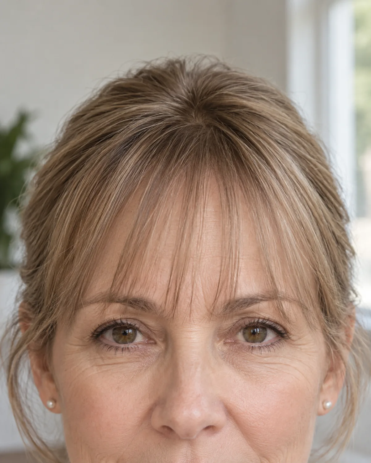 Close crop of forehead area showing a barely-there see-through fringe, sparse intentional strands with forehead skin visible through the thin fringe