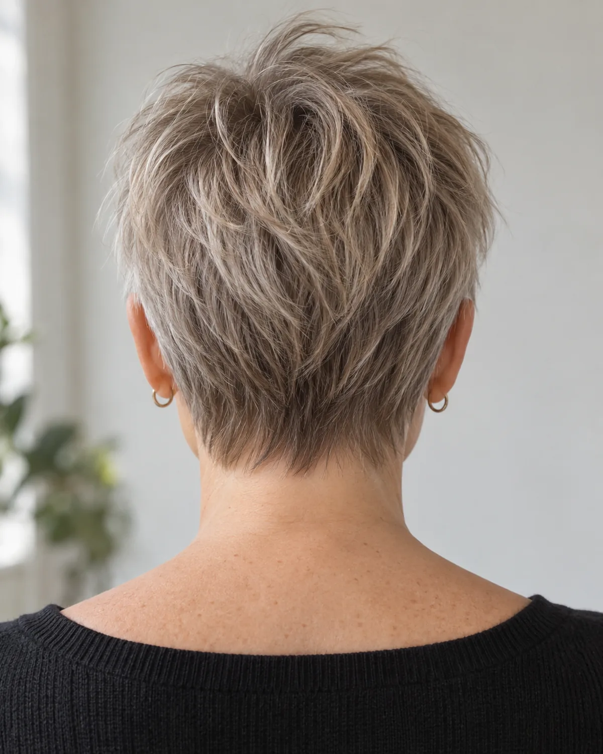 Direct back view of mature woman with a fine-hair pixie cut, short choppy texture visible at the crown and cropped nape