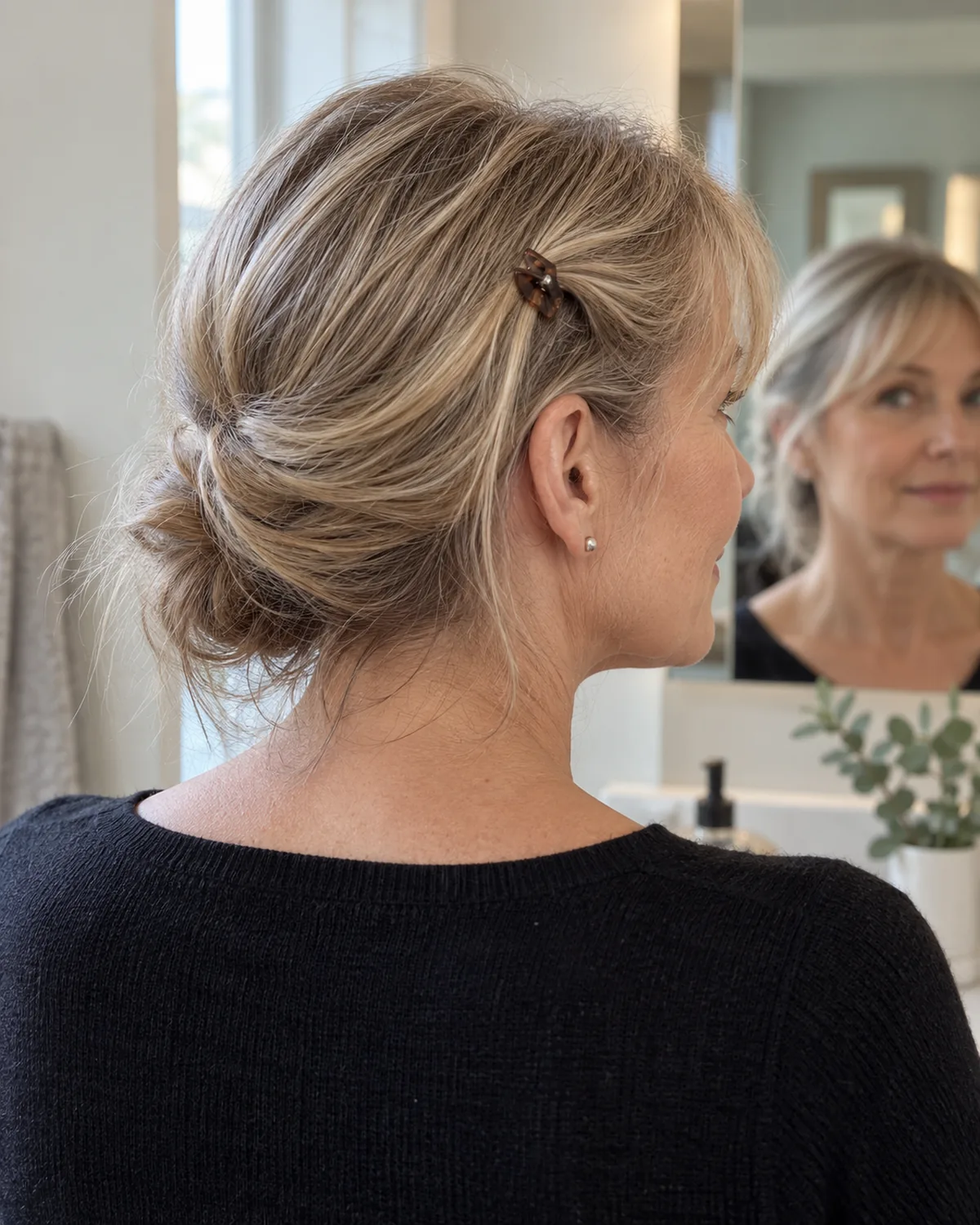 Head-and-shoulders from slightly behind of mature woman with fine hair and growing-out bangs clipped neatly at the temple with a small plain hair clip, one ear visible
