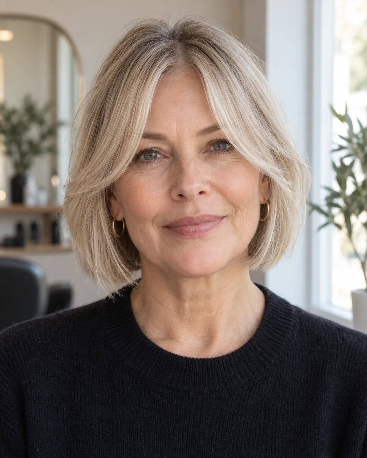 Front-facing mature woman with fine chin-length hair and curtain bangs split at a wide centre part, face-framing pieces tapering past the cheekbones