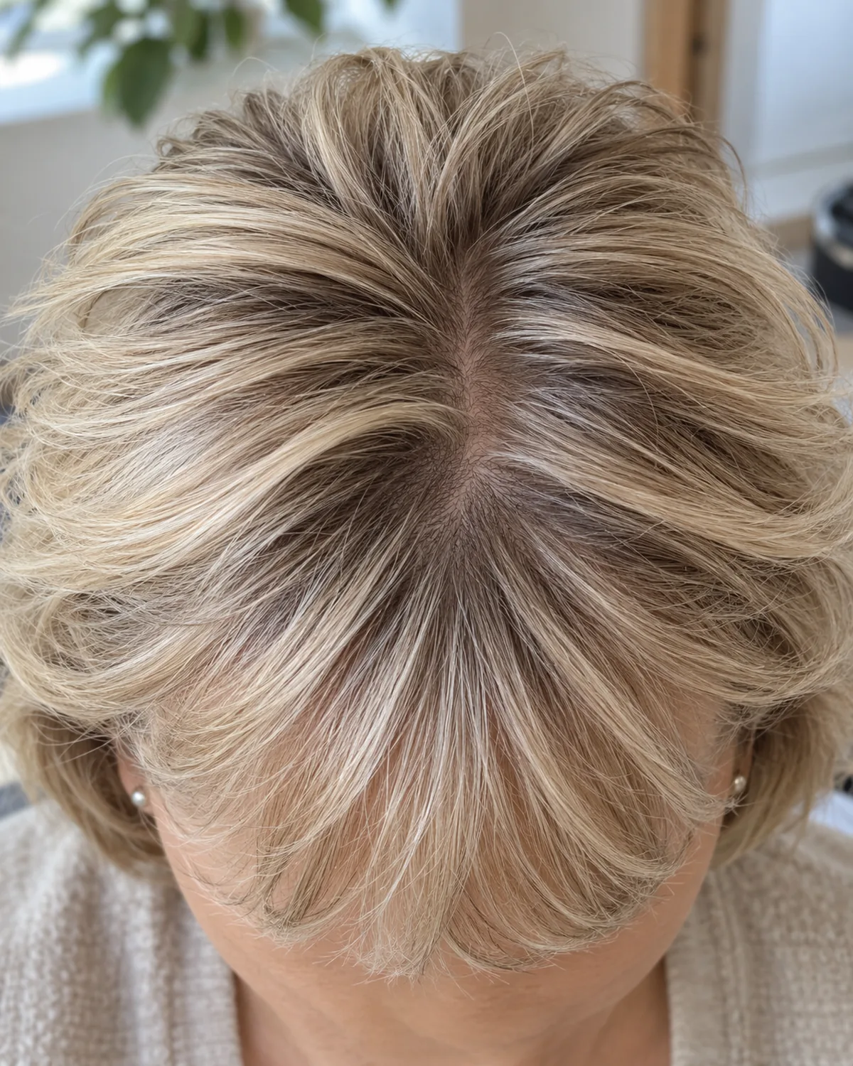 Macro top-down view of forehead and root area showing feathered fringe strands with visible root lift creating air and volume underneath