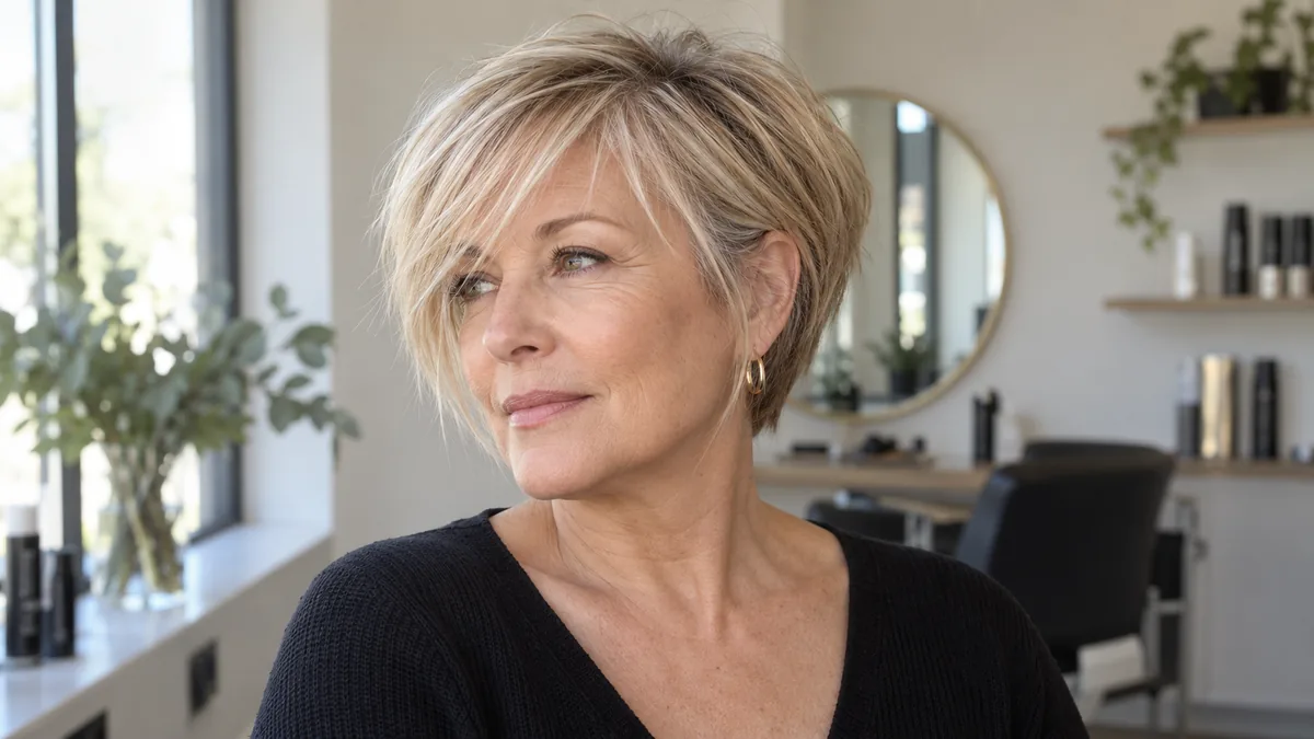 Three-quarter profile of mature woman with fine hair styled in a wispy side-swept fringe, soft natural light, neutral salon background