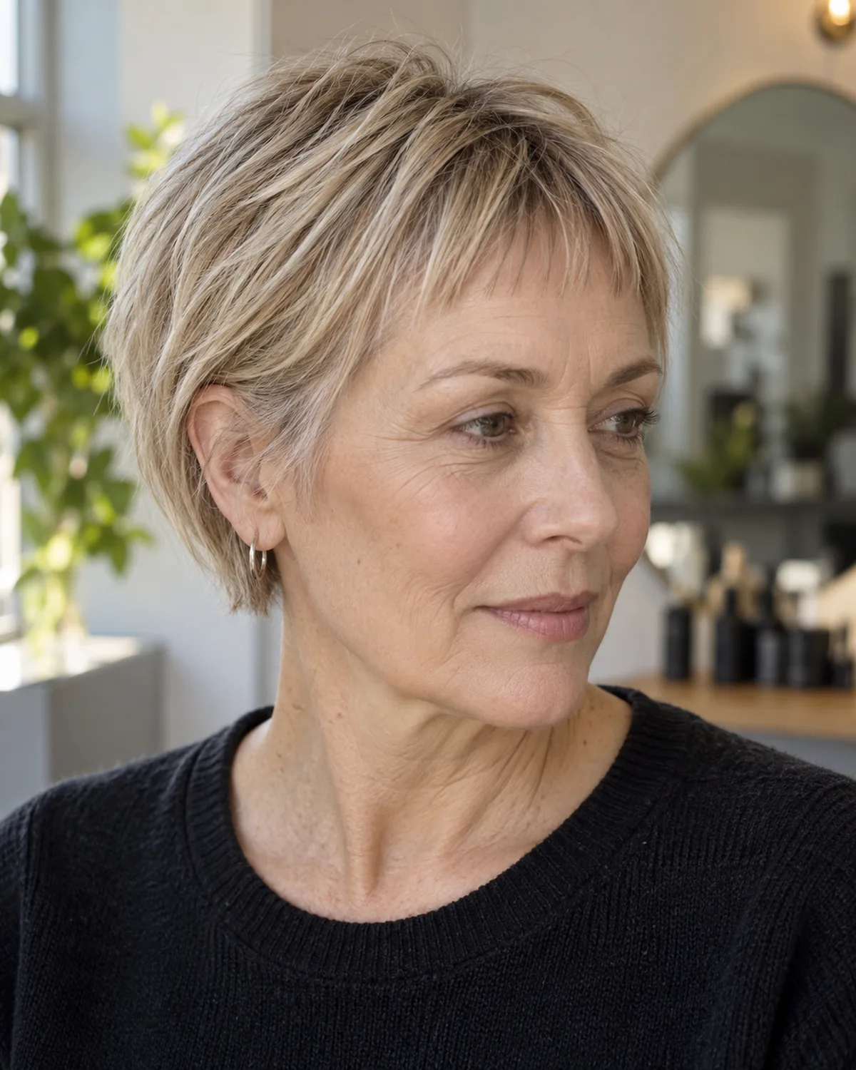 Three-quarter right view of mature woman with fine hair and micro bangs cut at mid-forehead, frontal hairline intact behind the short fringe