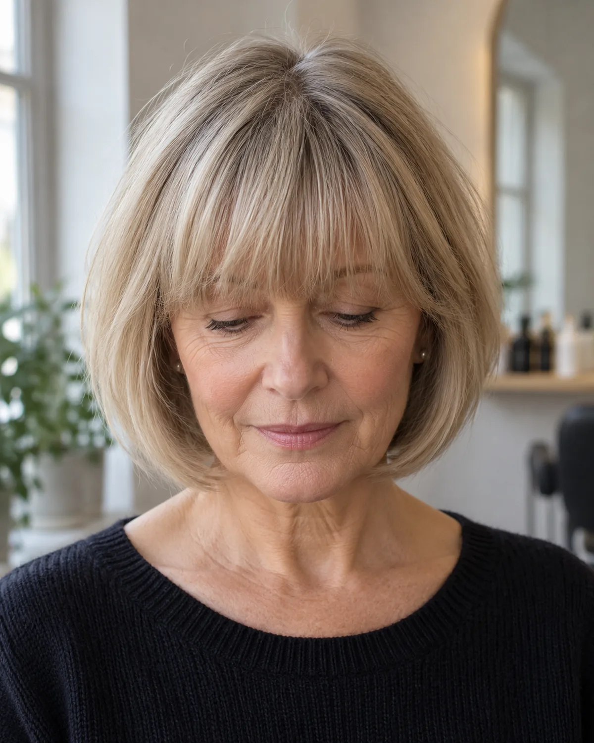 Front-facing mature woman with eyes downcast showing a rounded full fringe, internal layering visible where light catches different lengths within the fringe