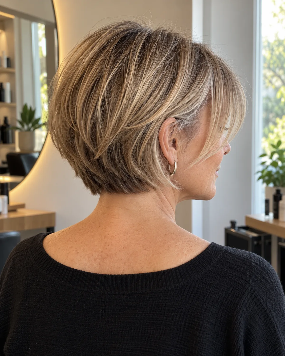Back three-quarter view of mature woman with a fine-hair layered bob, long side fringe graduating seamlessly into the first face-framing layer, nape visible