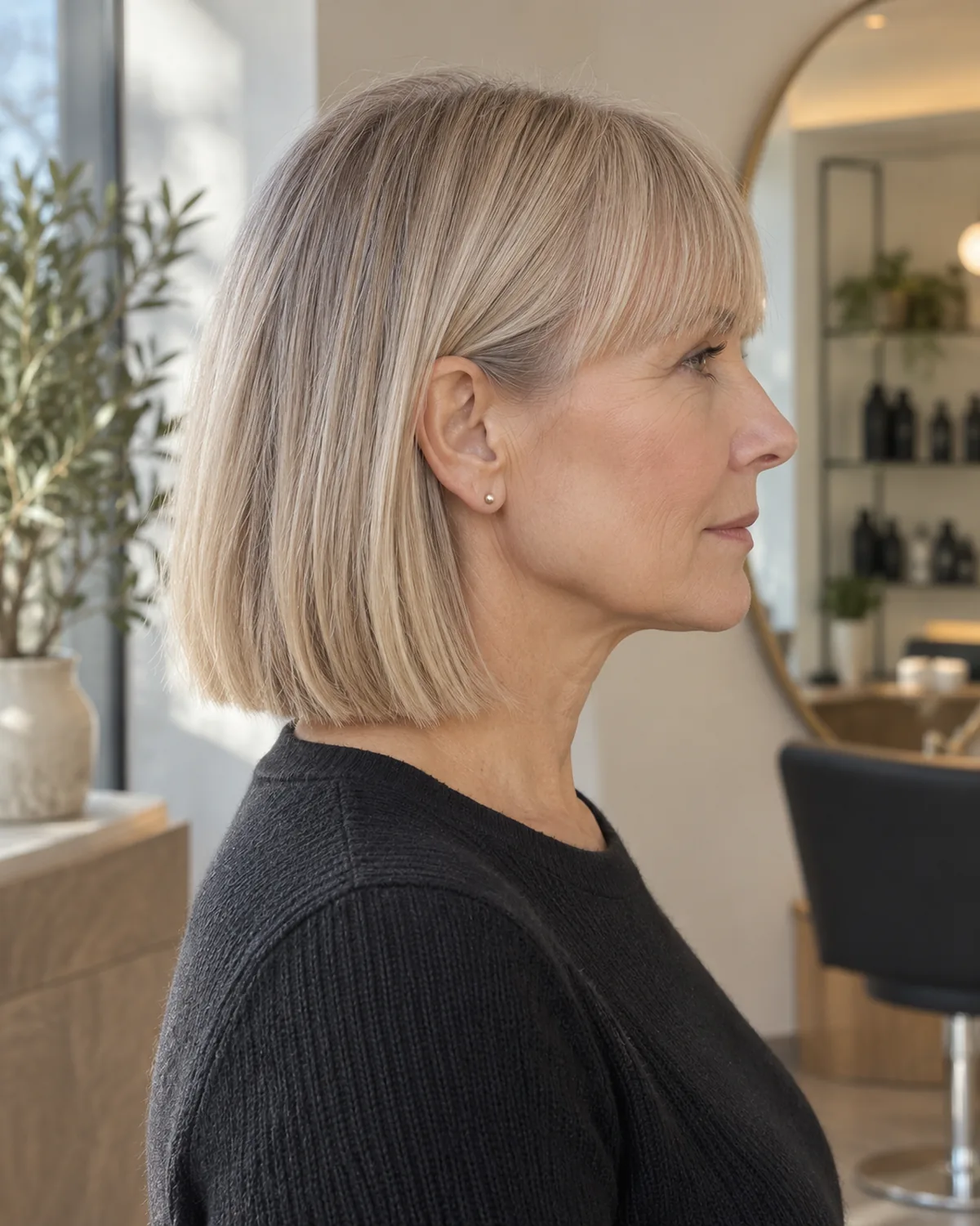 Full side profile of mature woman with fine hair and a one-length blunt fringe just touching the eyebrow, clean cut line visible
