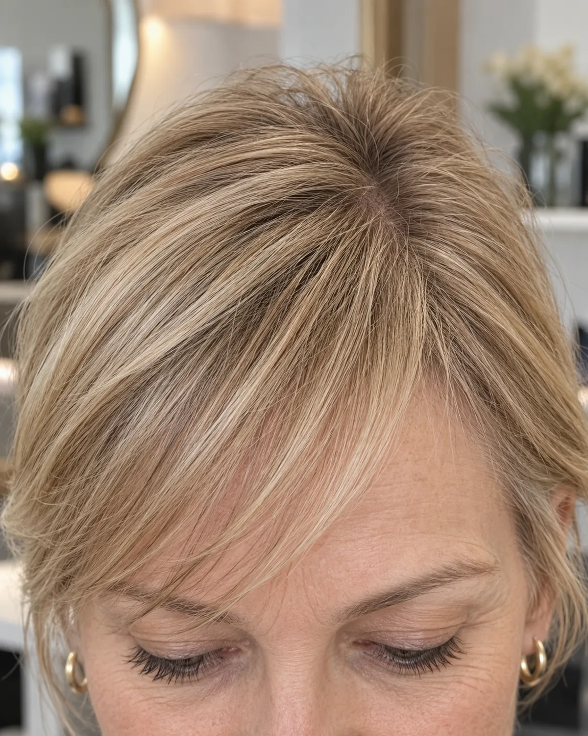 Close crop of mature woman's forehead showing a light diagonal fringe swept to the left with feathered tips, fine individual strands visible against the skin