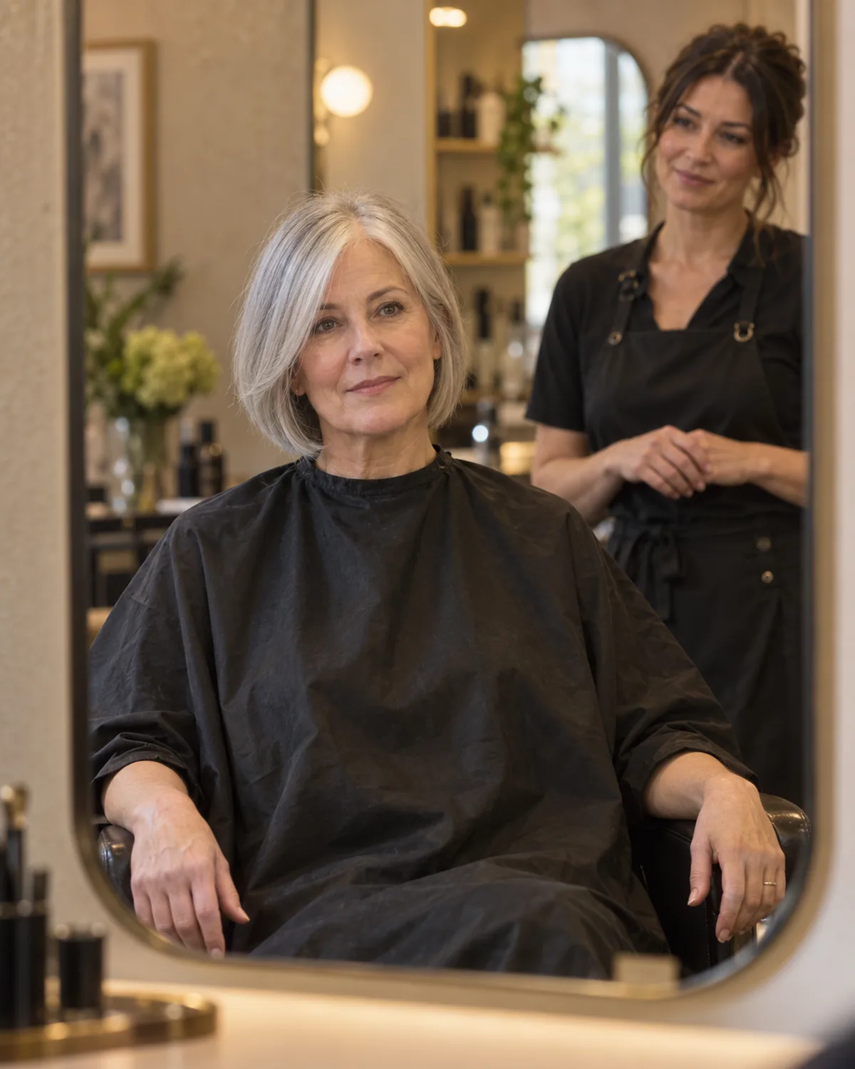 Mature woman with thin silver chin-length hair seen through a salon mirror reflection, front-facing with soft focus on features and hair in sharp focus, salon cape draped and hands resting on armrests