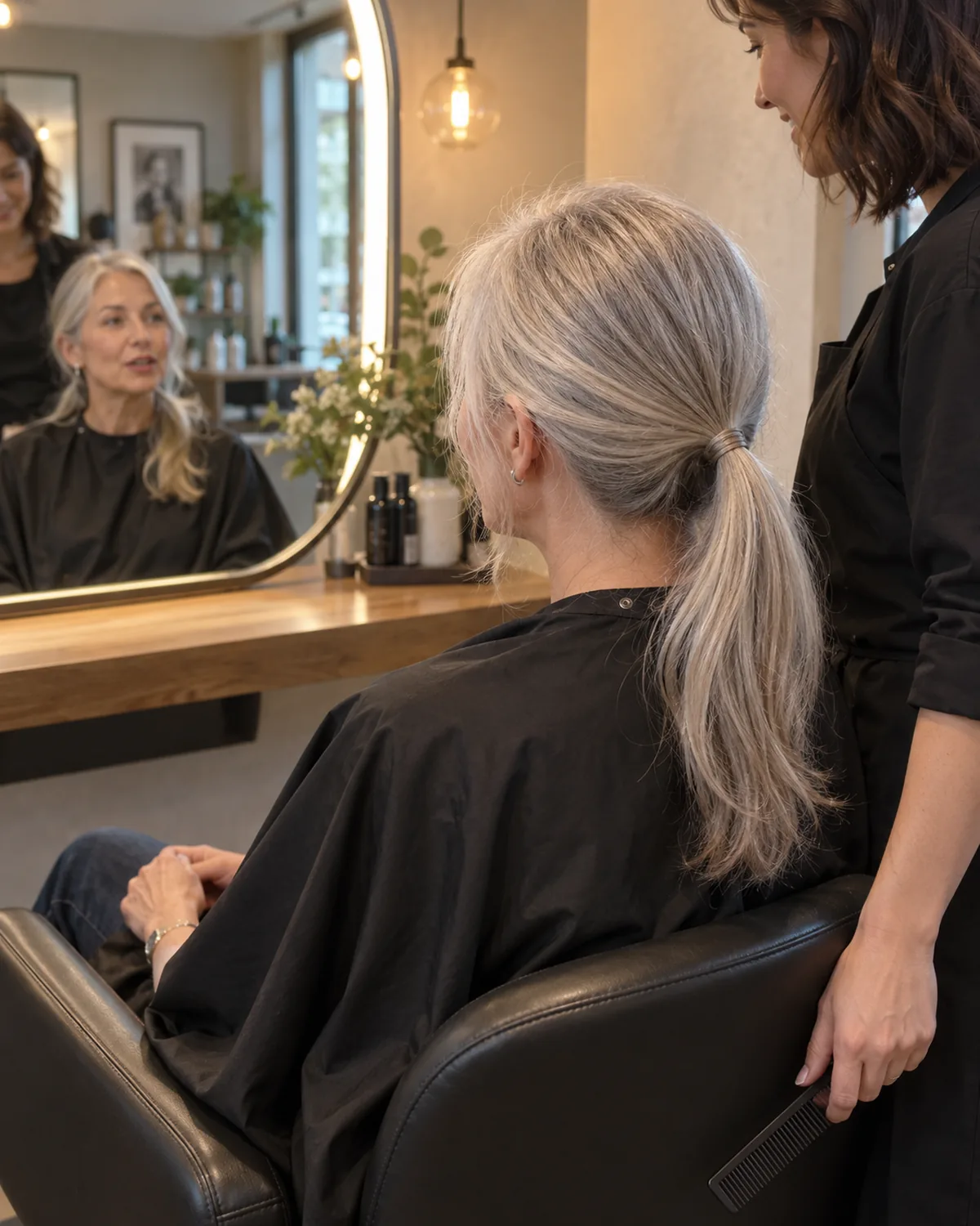 Mature woman with thin silver hair in a low ponytail sitting in a salon chair with a black cape, viewed from above and behind as she talks with her stylist