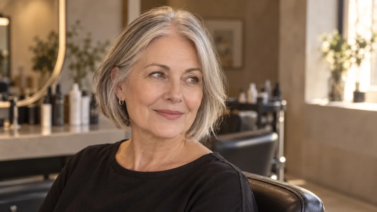 Mature woman with thin silver-threaded chin-length bob seated in a salon chair, three-quarter profile view in warm window light