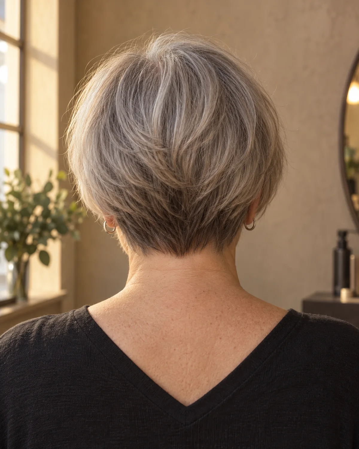 Back view of a mature woman with a graduated bob showing stacked layers at the nape that build visual volume, silver-grey hair against a warm neutral background