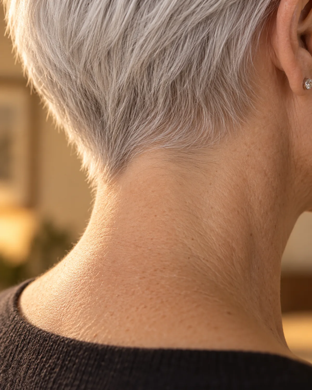 Close-up of the nape and hairline of a mature woman with a silver pixie cut, showing the clean tapered trim line behind the ear