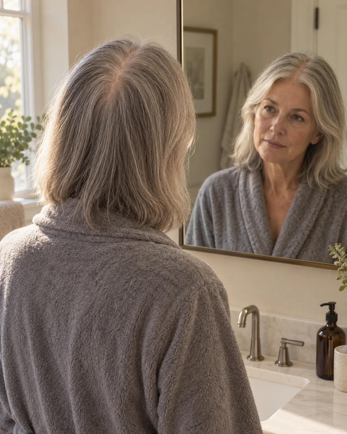 Mature woman in a grey robe standing at a bathroom mirror, seen from behind at a three-quarter angle, examining her centre part where the scalp is visible through thin silver hair