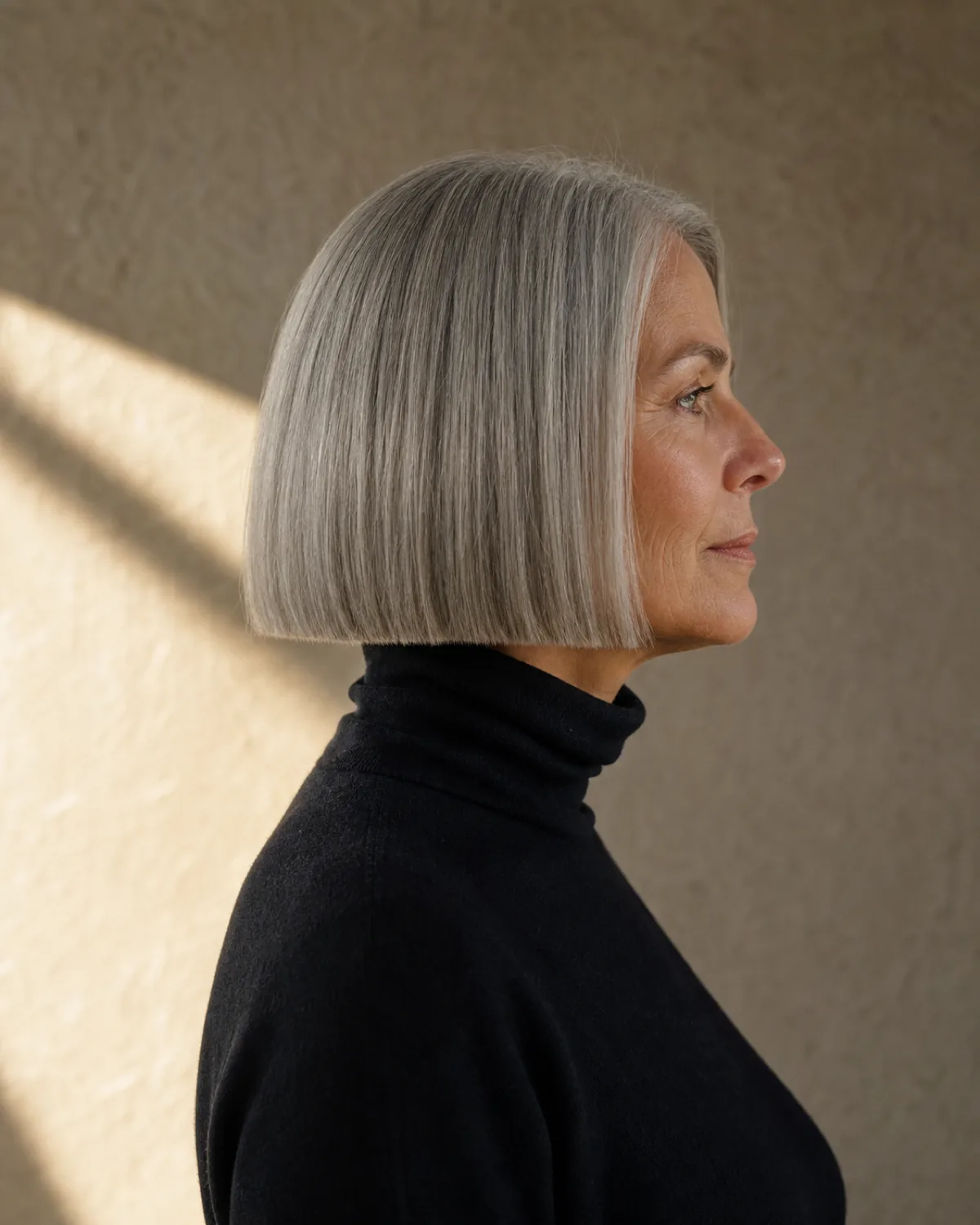 A side profile of a woman with a blunt chin-length silver bob in a black roll-neck, the perimeter cut as one continuous line at jaw level with late-afternoon light catching the clean edge