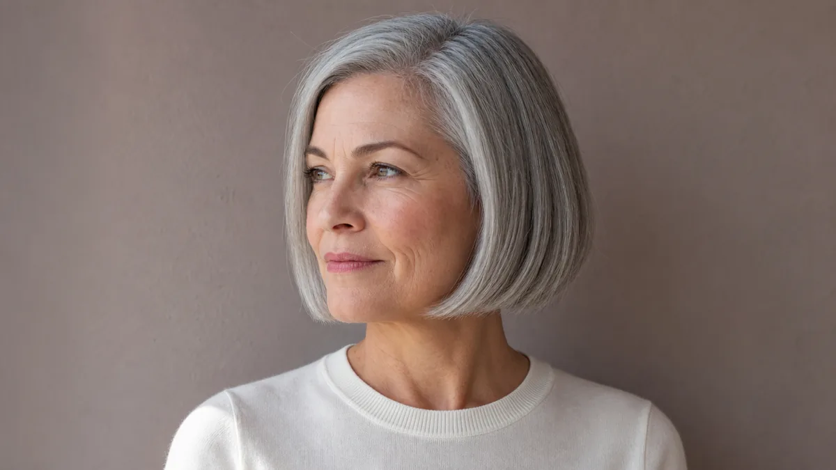A woman with a silver-grey chin-length bob turned three-quarters to the left against a warm grey wall, the clean blunt edge of the cut sitting at her jaw