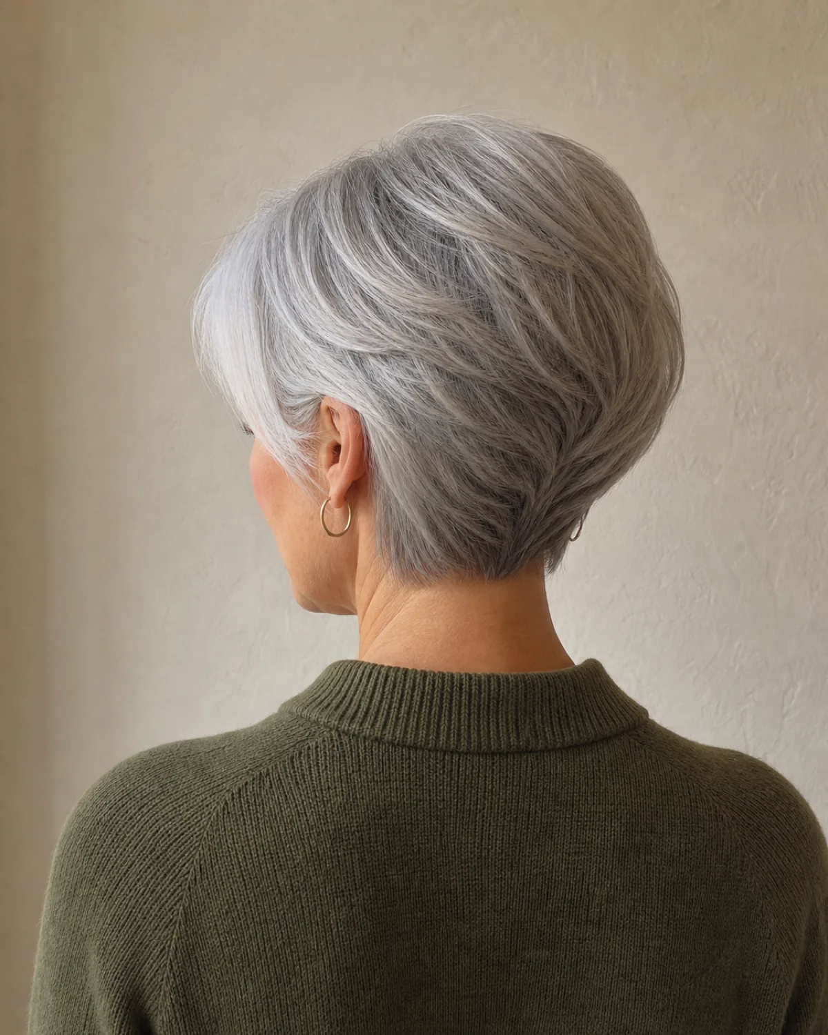 A back-three-quarter view of a woman in an olive green cardigan with a silver-white graduated bob, the stacked layers short at the nape and building rounded volume at the crown