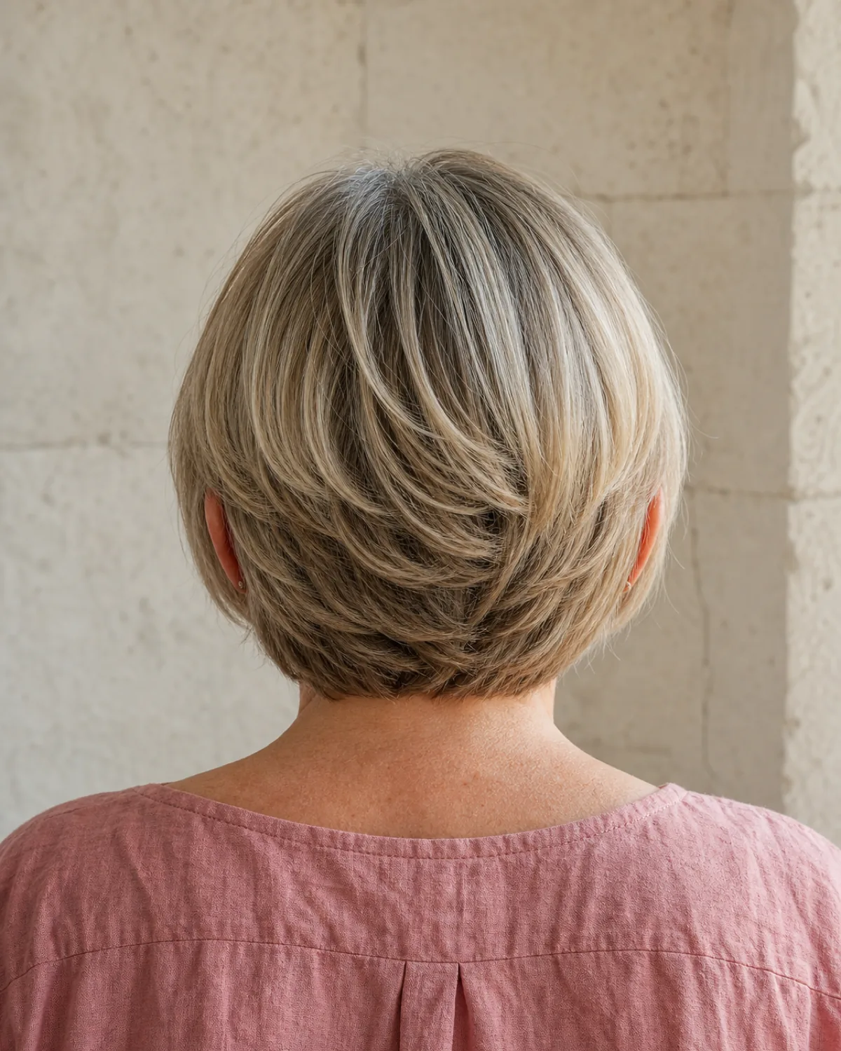 The back of a woman's head in a dusty rose blouse showing a layered bob with ash blonde and grey tones, the graduated lengths stepping upward from the bottom edge