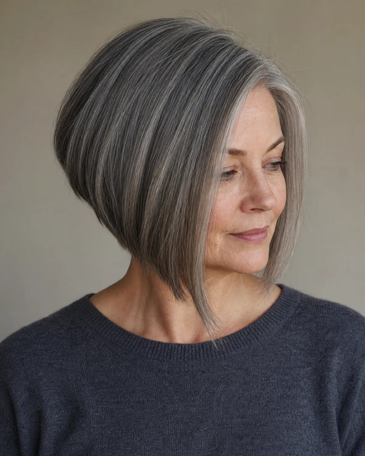 A three-quarter view of a woman in a charcoal crew-neck with a dark silver-grey A-line bob, the hair shorter at the nape and falling past the jaw at the front in a visible diagonal slope