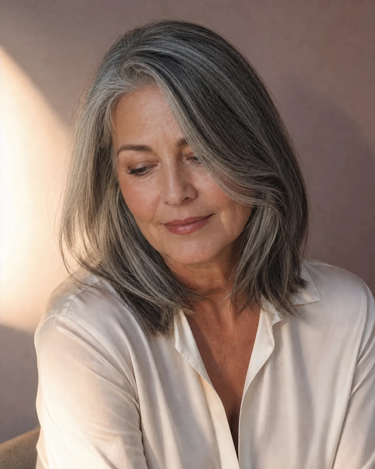 A seated woman in a cream silk blouse with a salt-and-pepper shoulder-length bob falling forward, the perimeter sitting at shoulder level with slightly textured ends