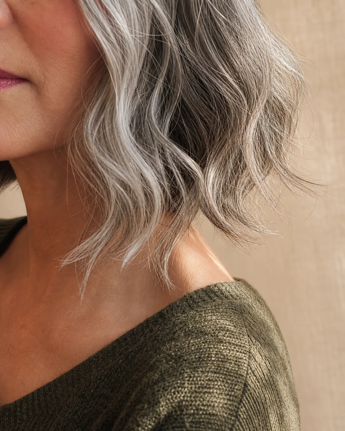A close crop of wavy silver bob ends falling above a moss green knit shoulder, the pieces separating into distinct waves that curve away from each other