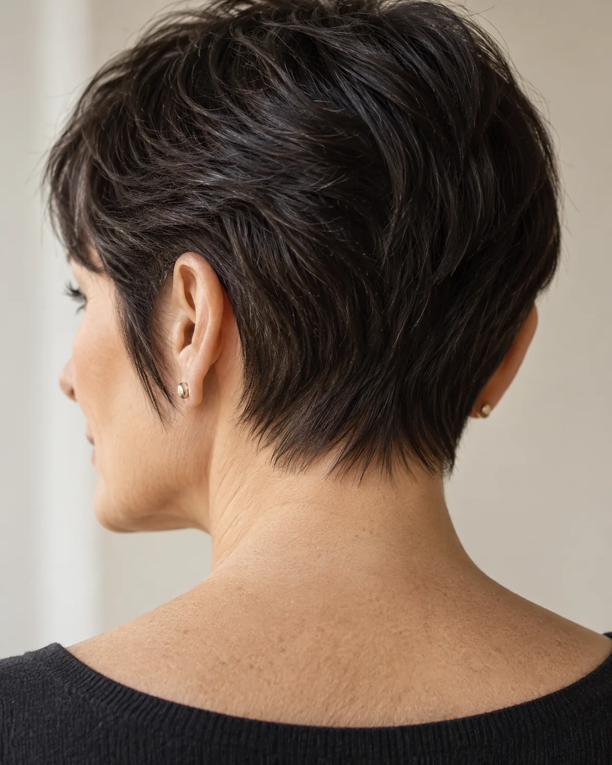 Close crop at nape level showing woman over 50 with dark cropped ear-length cut, tapered sideburn visible along the jawline