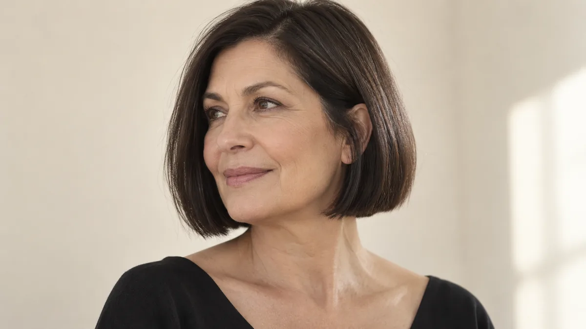 Three-quarter profile of woman over 50 with dark blunt bob at jaw length, clean hemline visible against warm cream background
