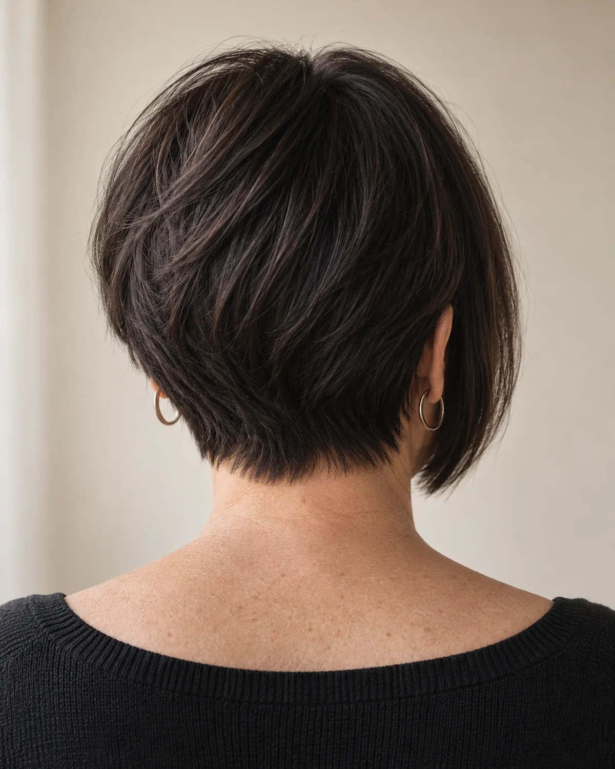 Rear view of woman over 50 with dark graduated bob showing stacked layers at the nape and weight line graduating longer toward the chin