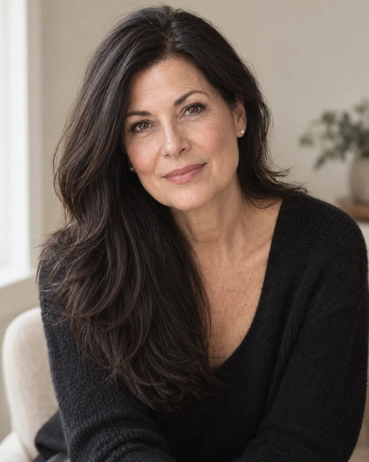 Seated woman over 50 with dark hair past the shoulders, layers beginning below the chin keeping the top section solid and unbroken
