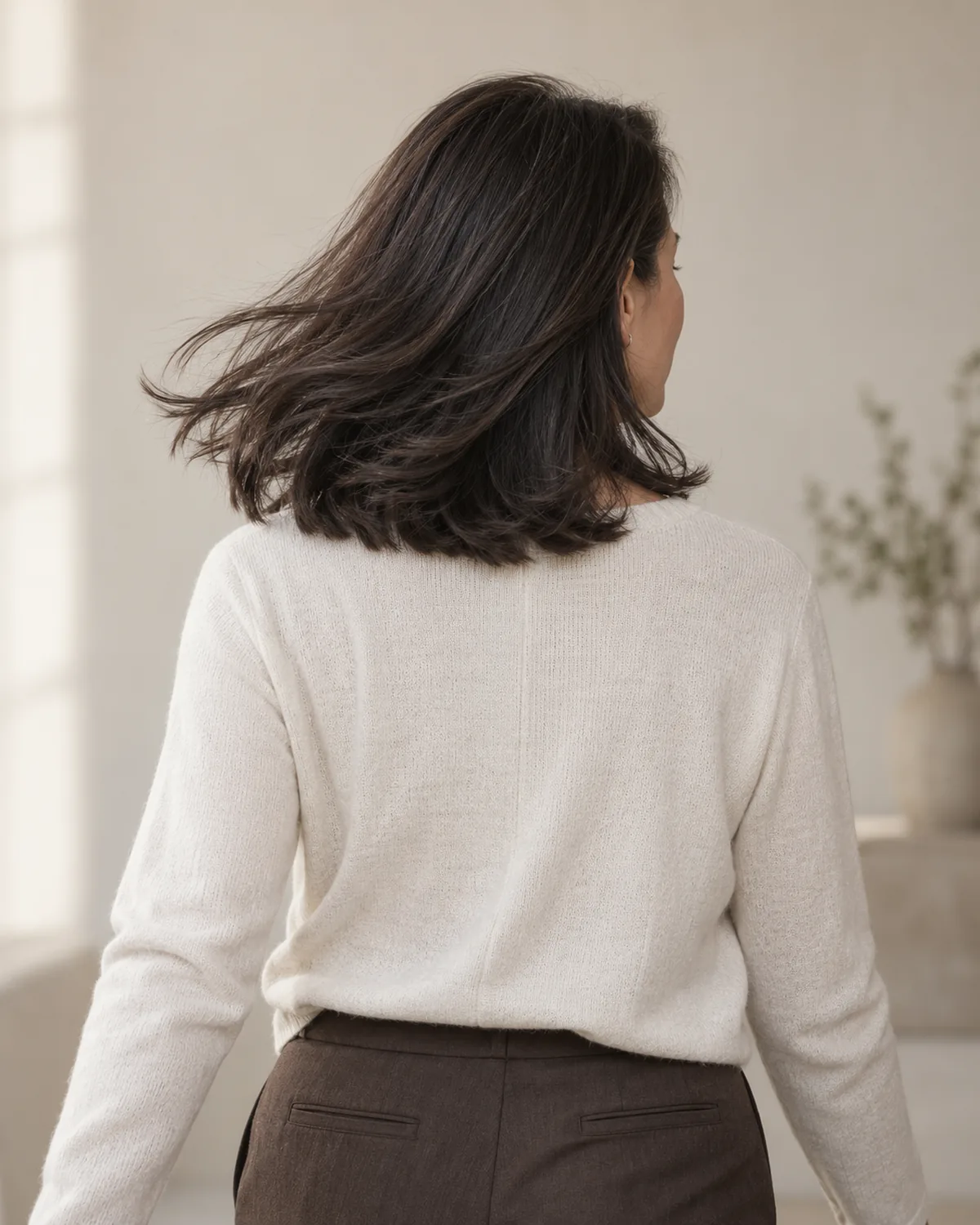 Woman over 50 walking away, dark shoulder-length hair with single interior layer visible in movement, hair catching light at the hemline