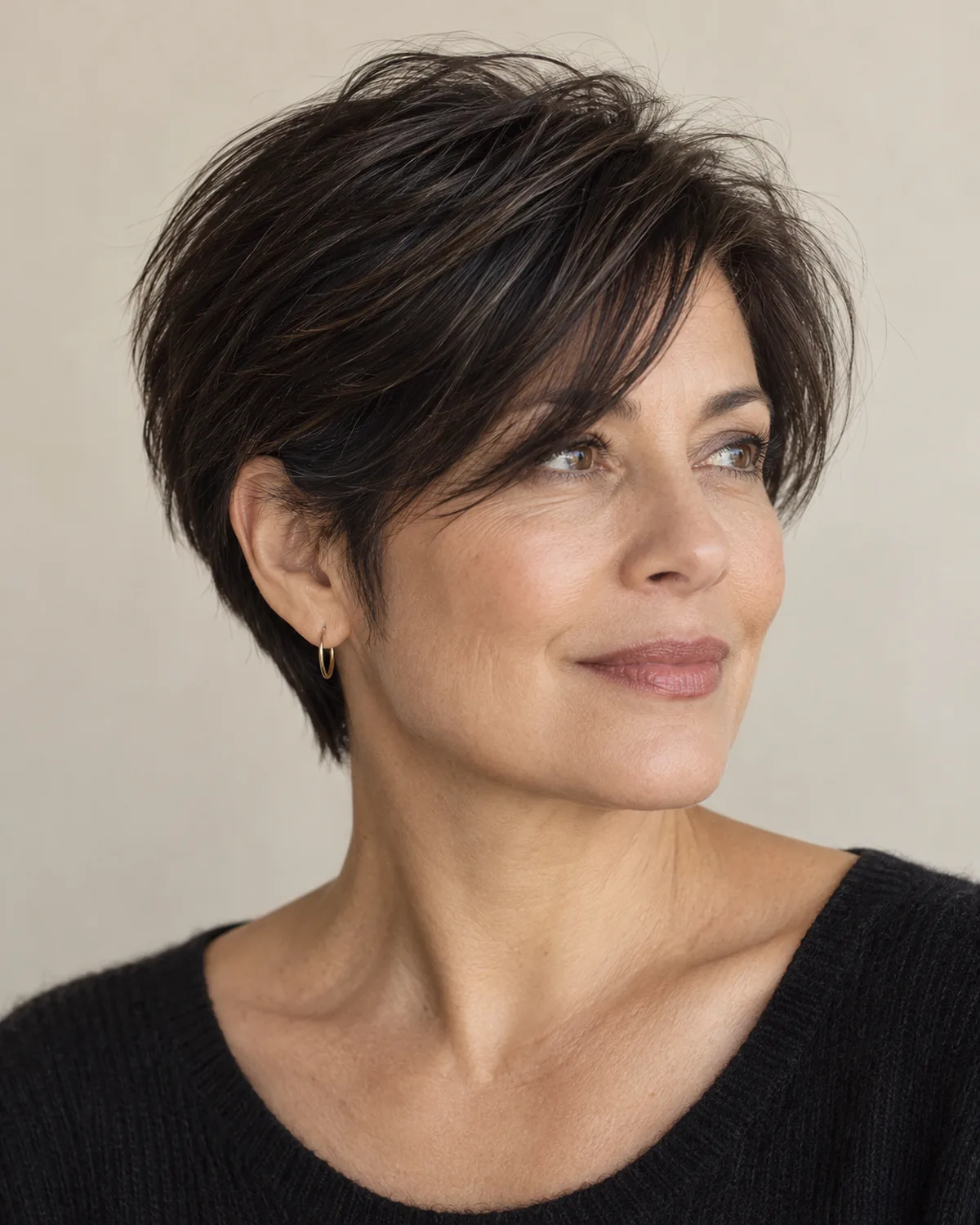 Three-quarter view of woman over 50 with dark tapered nape pixie, tight nape and fuller crown, volume contrast visible