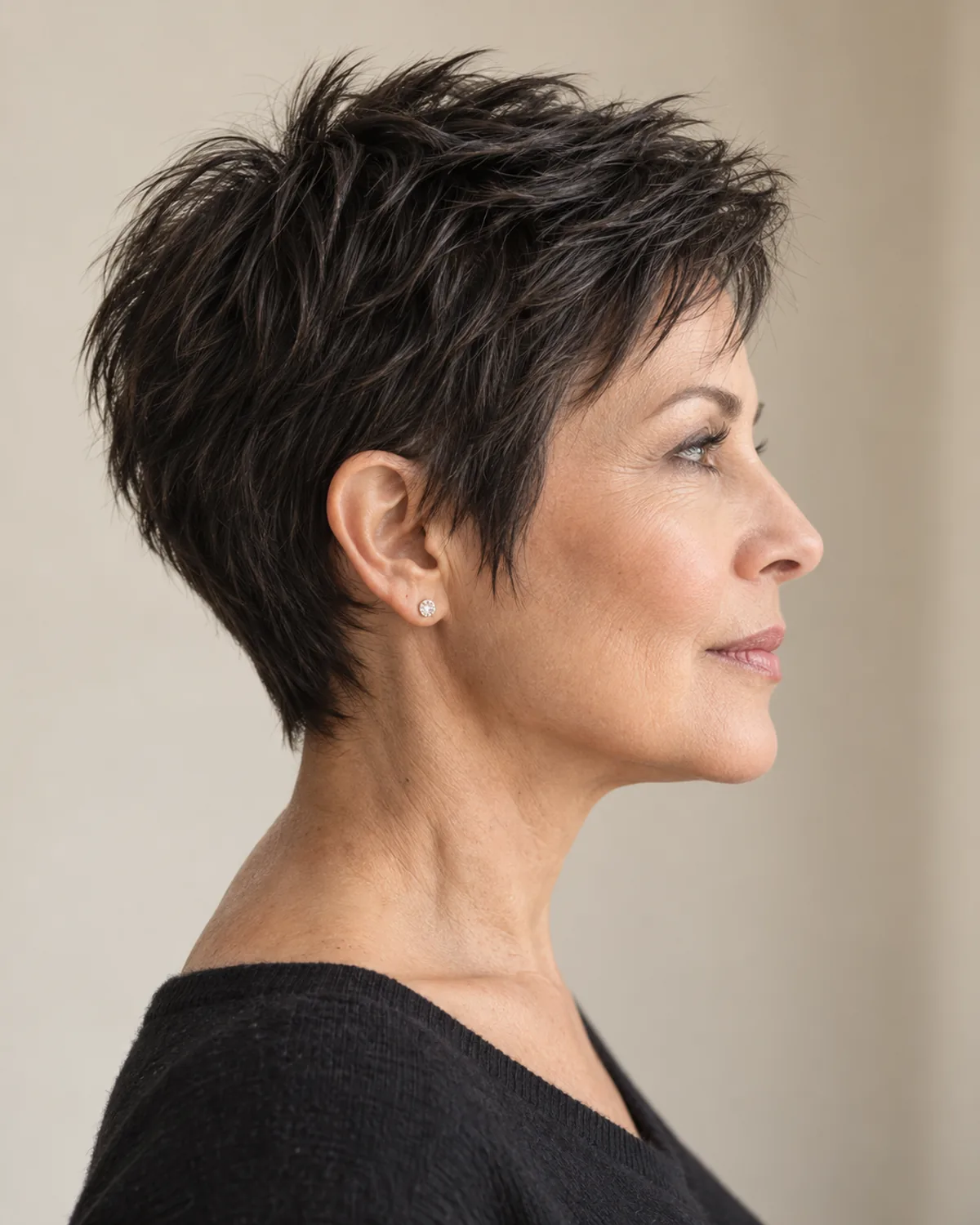 Full profile of woman over 50 with dark textured pixie cut, point-cut pieces visible on top standing away from the scalp
