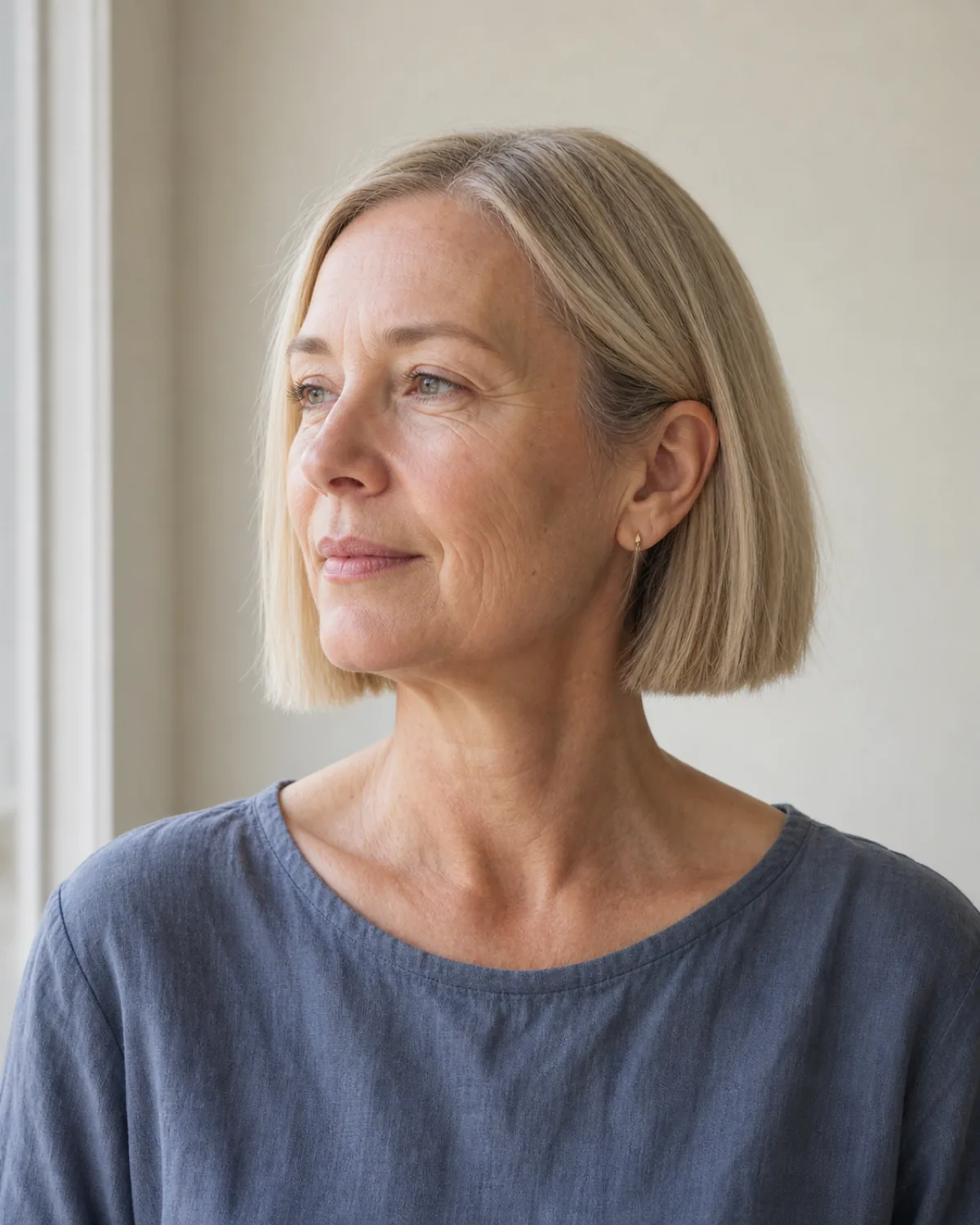 A woman with thin ash-blonde hair in a chin-length blunt bob turned three-quarters to the left, the hemline sitting flat and clean at the jawline in soft window light
