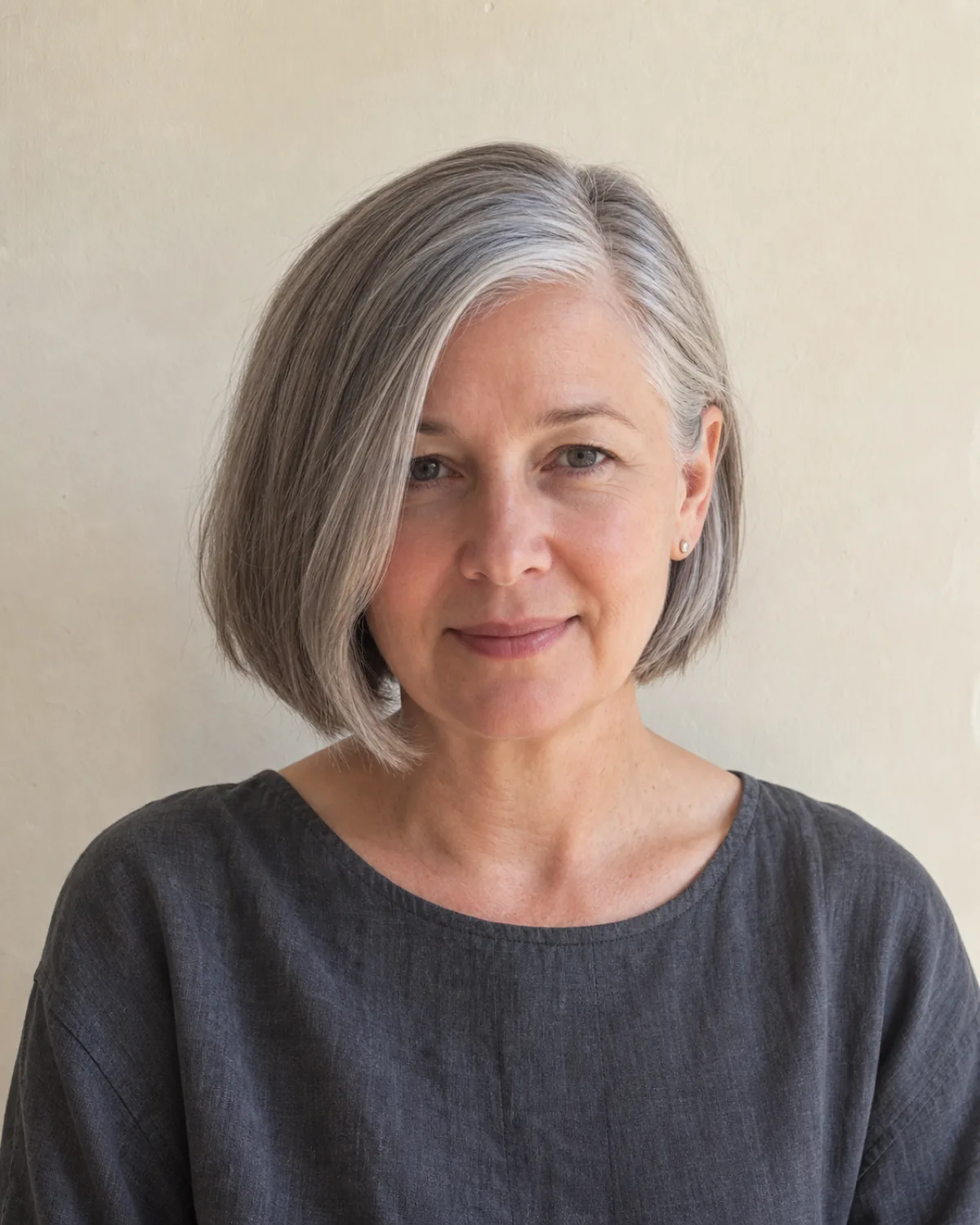 A front-facing woman with cool-toned grey chin-length hair and a deep side parting, the heavier side reading visibly fuller while the hair is in sharp focus and features softly rendered