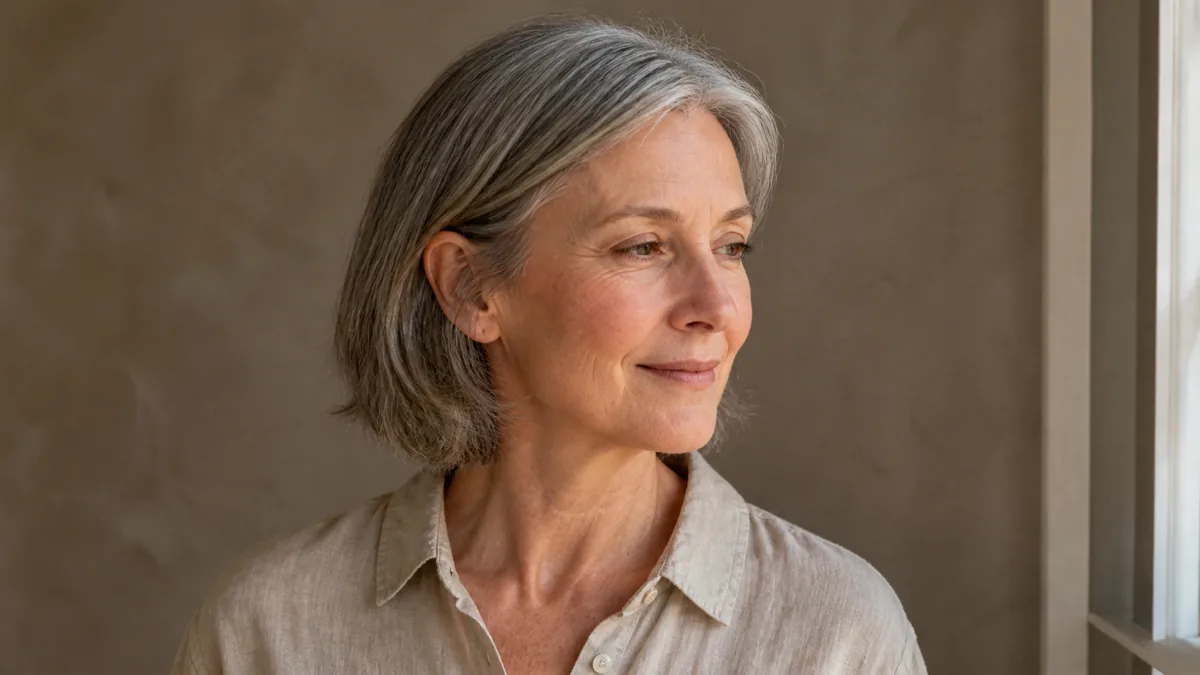 A woman with thin mixed warm-grey hair at chin length turned three-quarters to the right, the air-dried strands catching soft daylight against a warm taupe wall