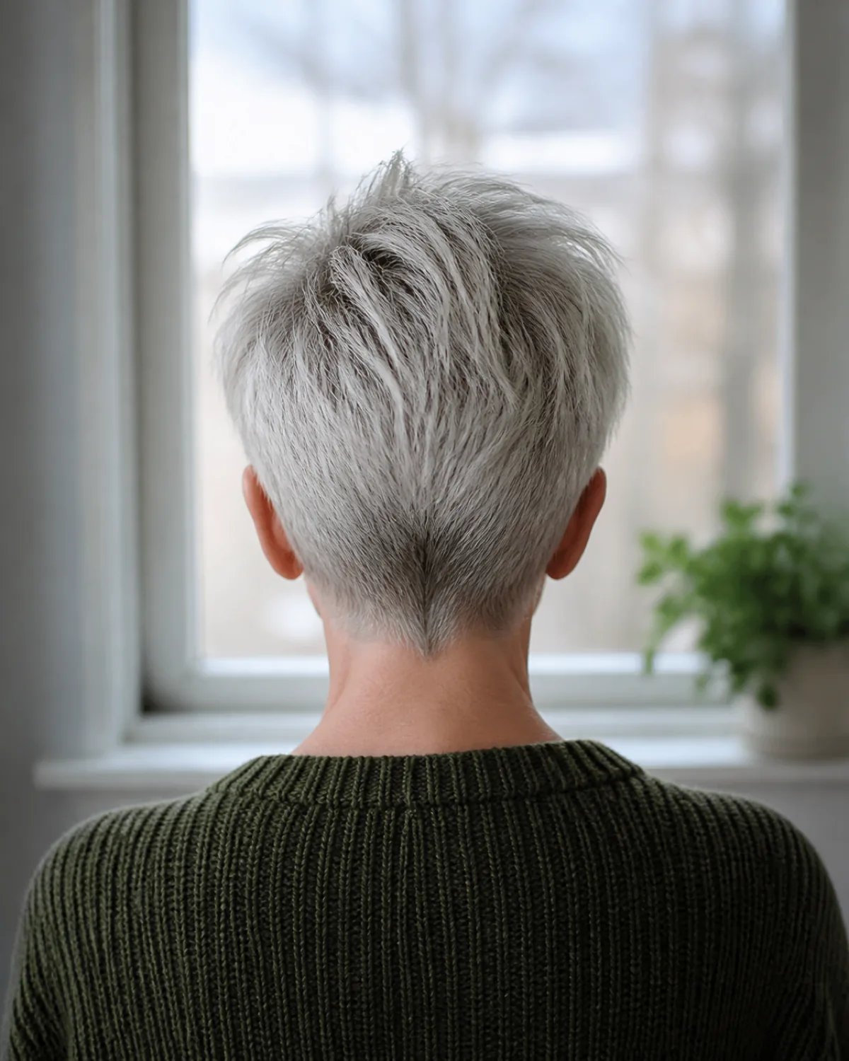 The back of a woman's head showing a silver-white textured pixie, the crown visibly longer and standing up with choppy texture while the nape tapers clean, in cool morning light