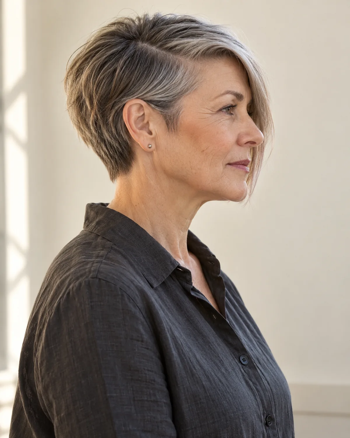 Side profile of mature woman with asymmetric pixie and deep side part, one side cropped close and the other sweeping past the cheekbone