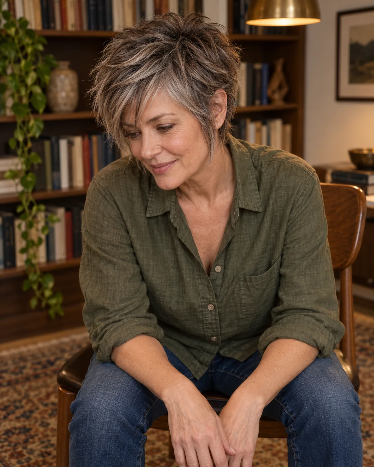 Seated mature woman with choppy shag pixie and extended sideburns tapering past the ears, olive shirt, bookshelf background