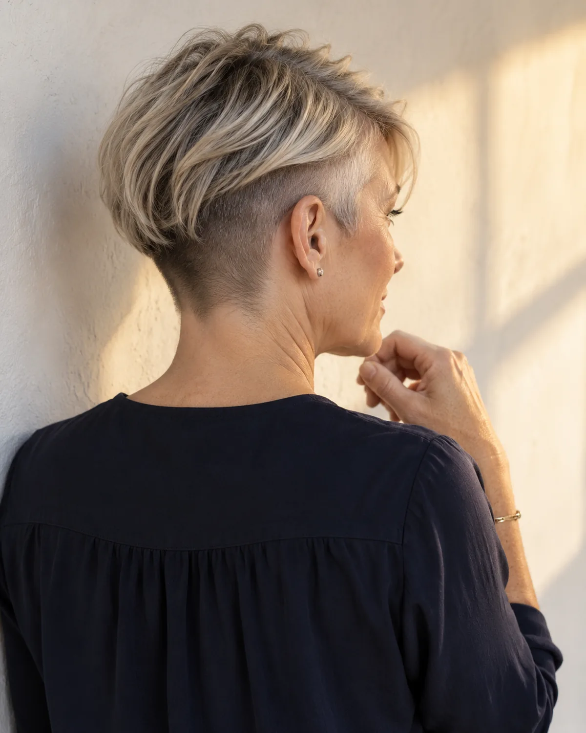 Back-three-quarter view of mature woman with disconnected undercut pixie, shaved nape and temple visible below longer textured top layers