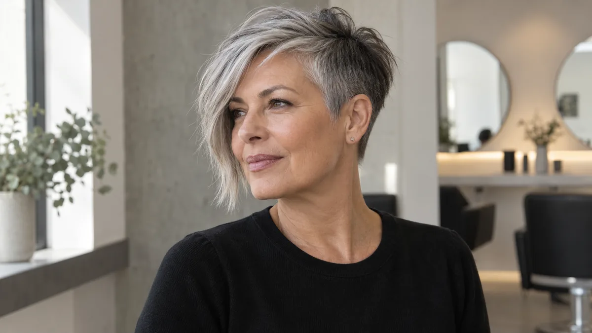 Three-quarter profile of mature woman with edgy asymmetric silver pixie cut in a modern salon setting
