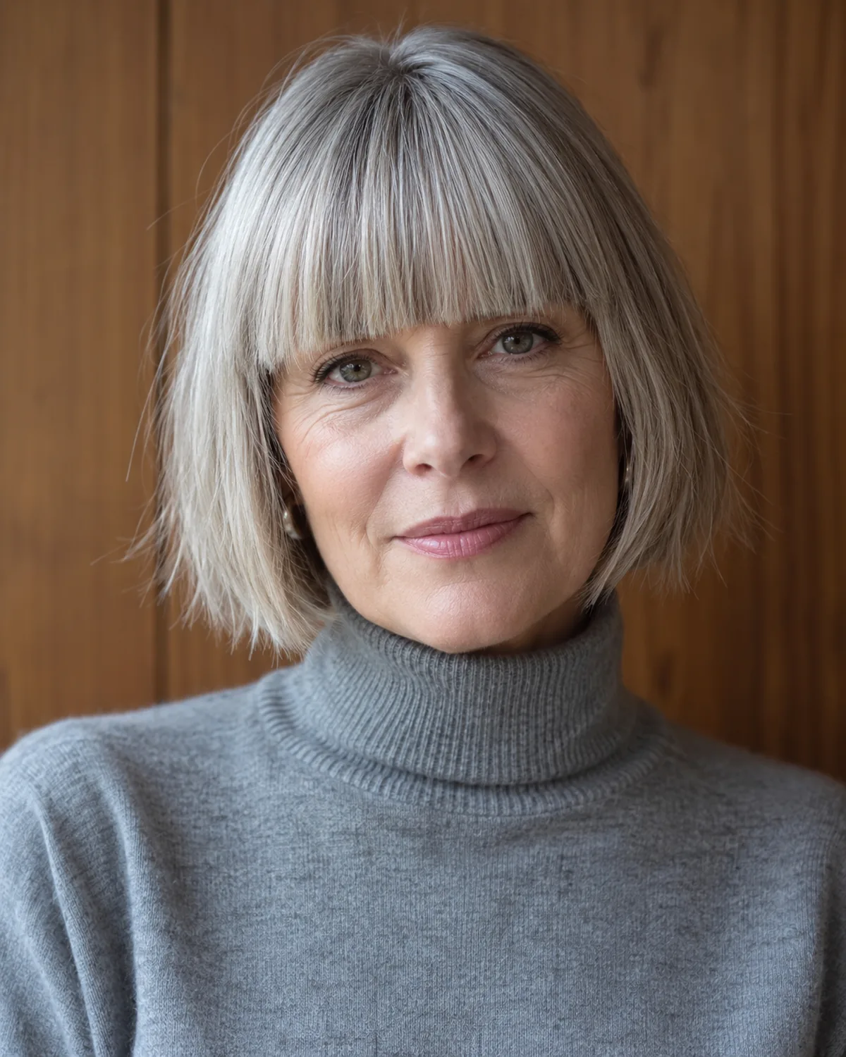 Front-facing mature woman with chin-length razored bob and heavy blunt bangs straight across the brow, soft-focus features, wood panel background