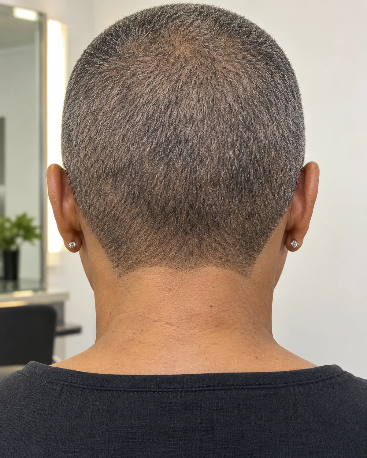 Close-up of the nape and defined hairline on a mature woman with a sculpted buzzcut, uniform short length and precise edges