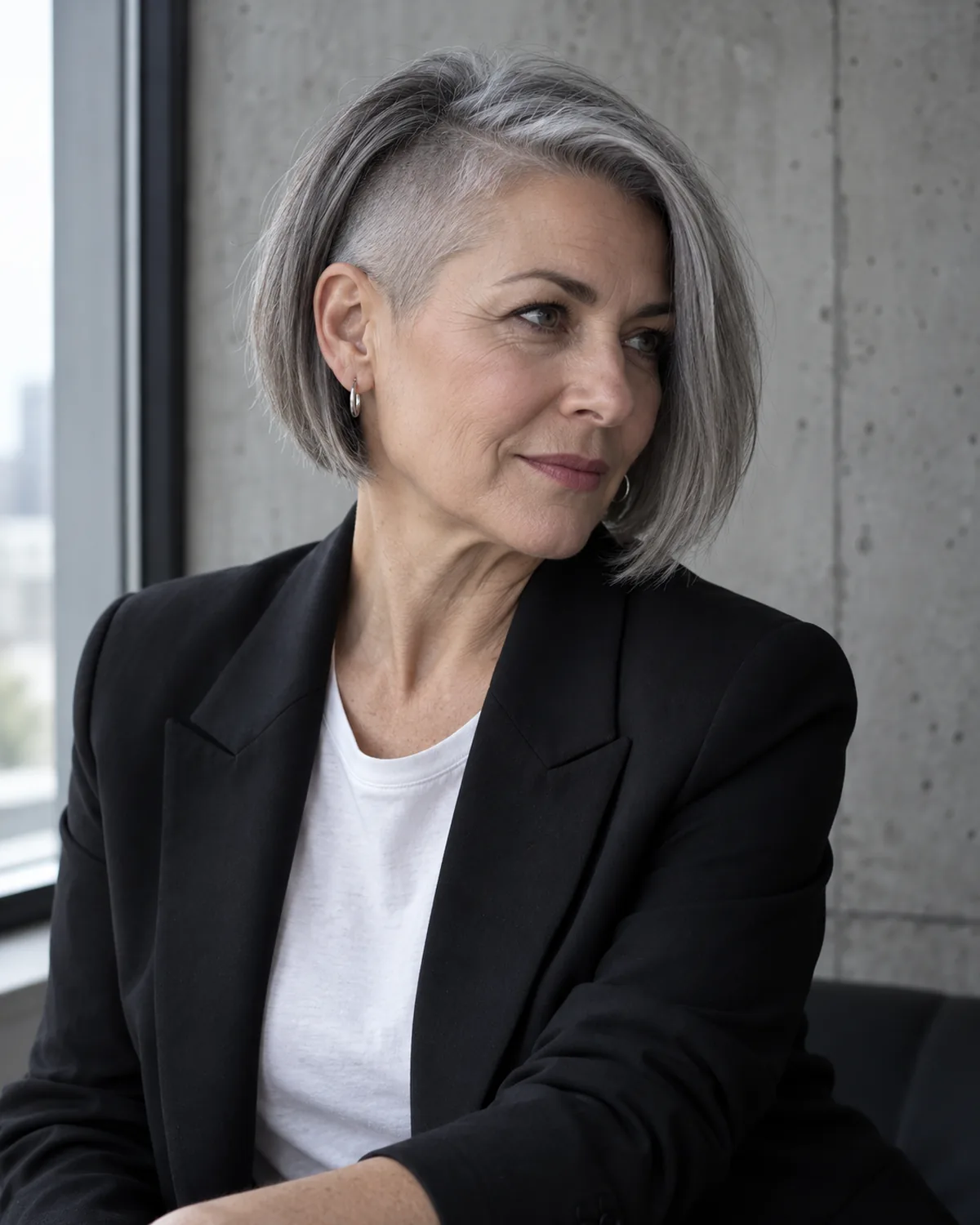 Three-quarter view of mature woman with side-shaved bob, jaw-length silver bob on one side and shaved to short on the other, wearing a black blazer